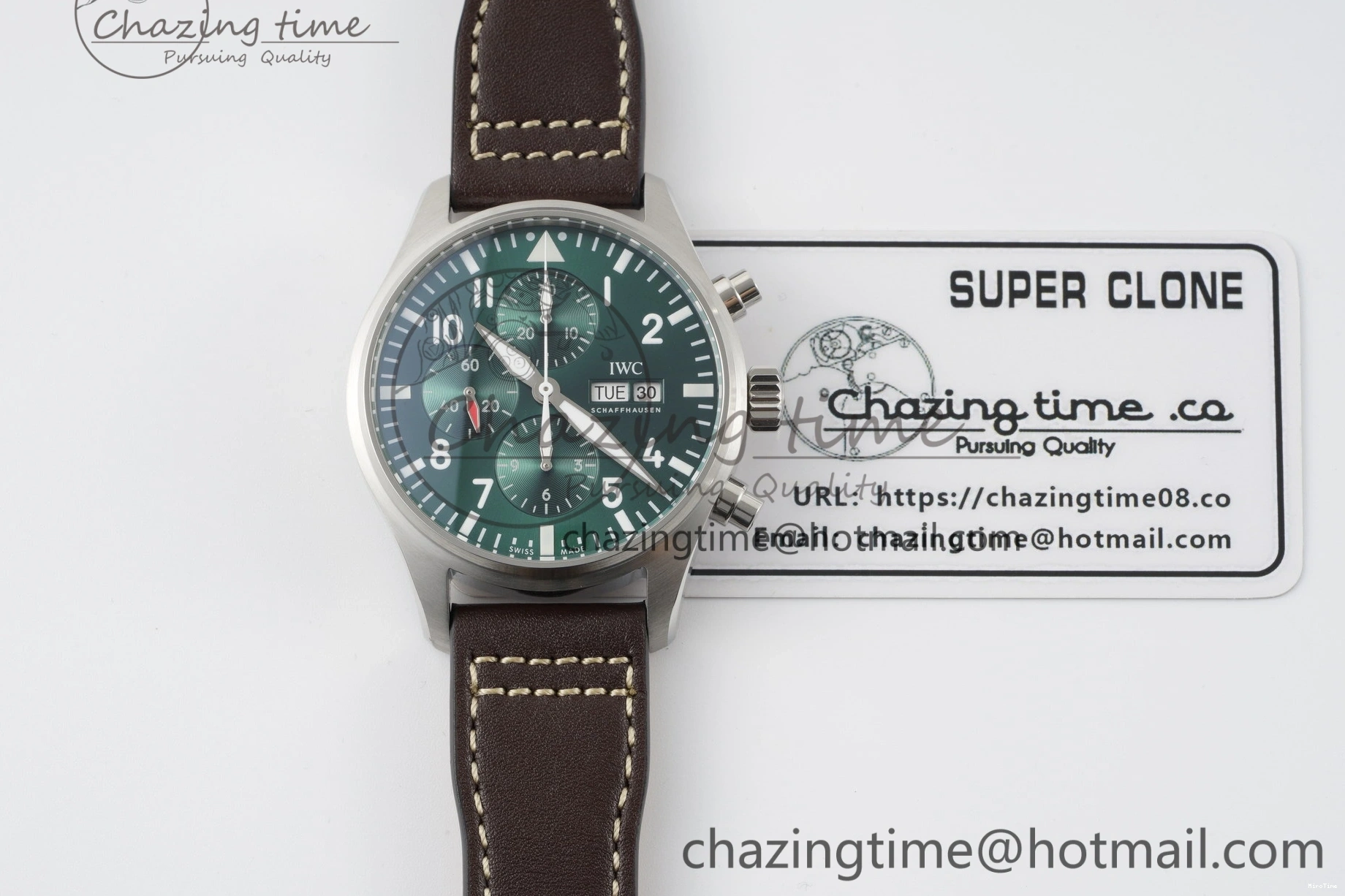 MIROTIME 0319 Bright Pilot Chrono SS AZF 1:1 Best Edition Green Dial on Brown Leather Strap A 7059
